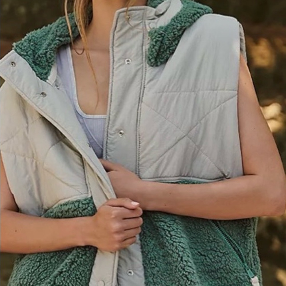 FP Movement by Free People Green and Cream Sherpa Quilted Vest